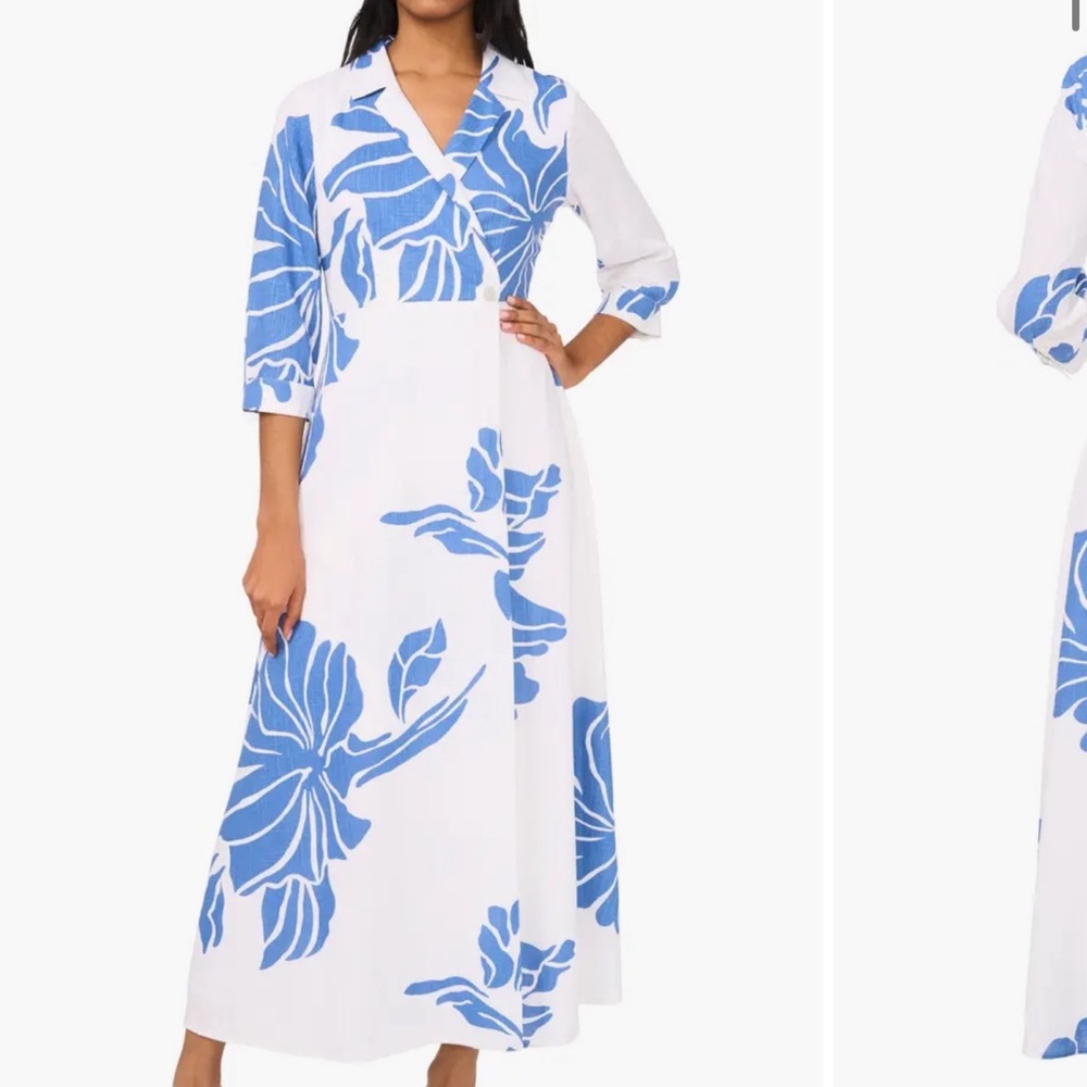 Halogen Linen French Blue and White Floral Maxi Dress XL